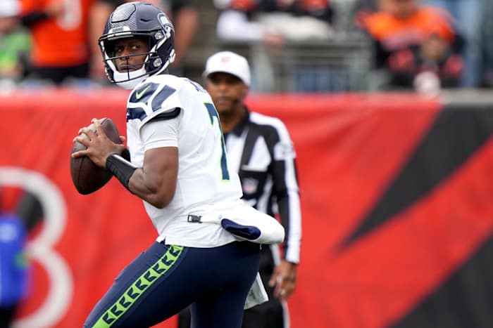 Oct 15, 2023; Cincinnati, Ohio, USA; Seattle Seahawks quarterback Geno Smith (7) looks to throw in the fourth quarter against the Cincinnati Bengals at Paycor Stadium.